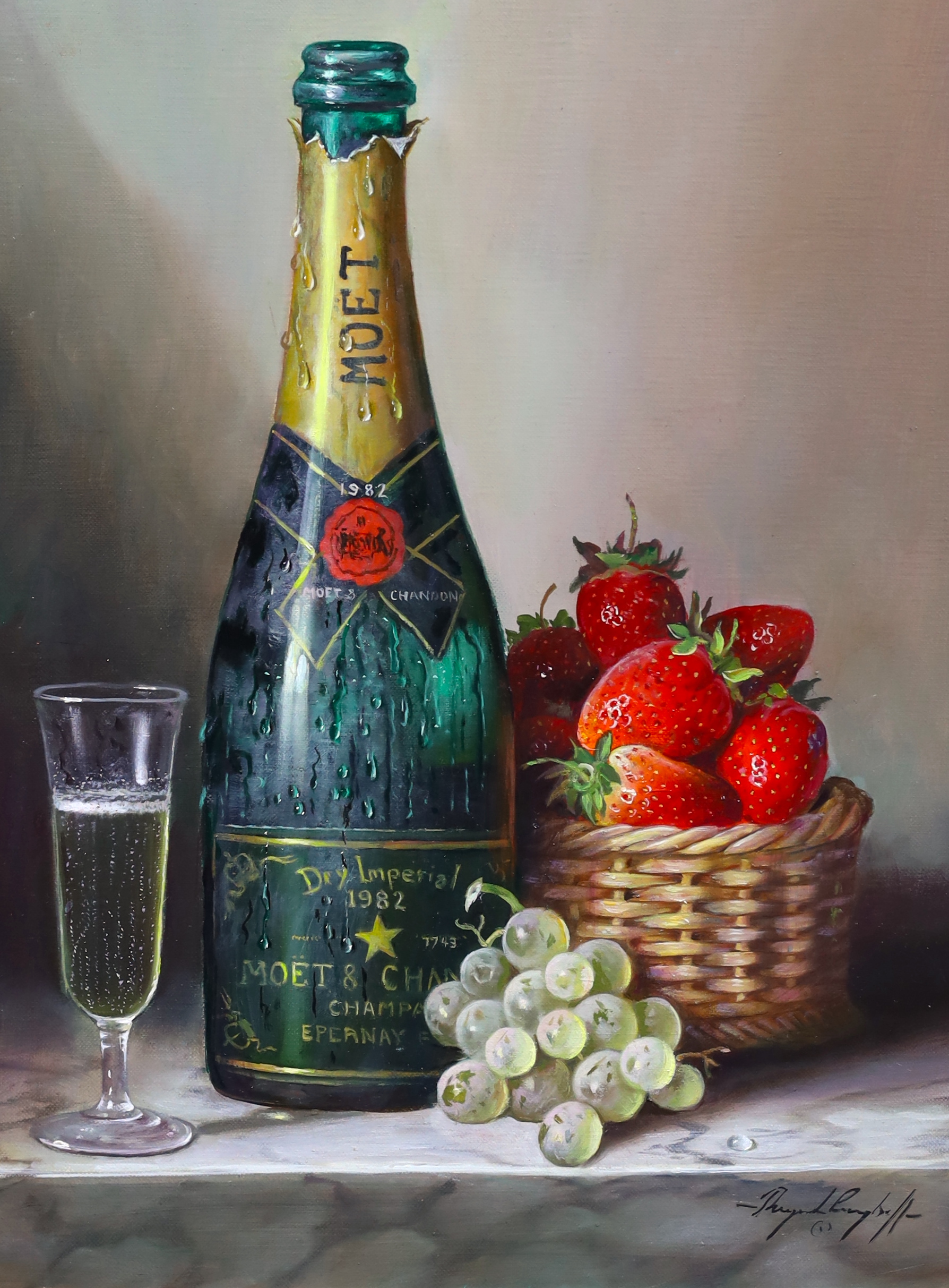 Raymond Campbell (English, b.1956), 1982 Moet & Chandon with strawberries and grapes, oil on canvas, 40cm x 30cm